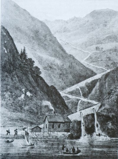 Vestlandske Hauptstraße östlich vom Fedafjord, Rørvikkleven. Lithografie von Peter Frederik Wergmann